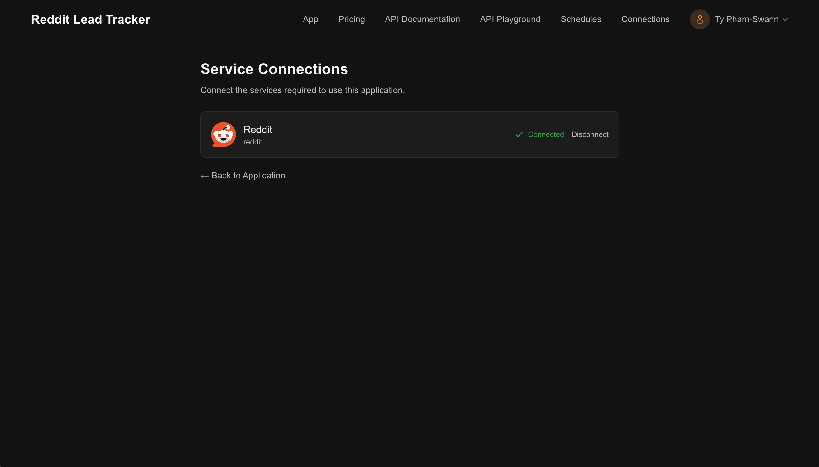 The Service Connections page in the user portal showing a Reddit integration marked as Connected
