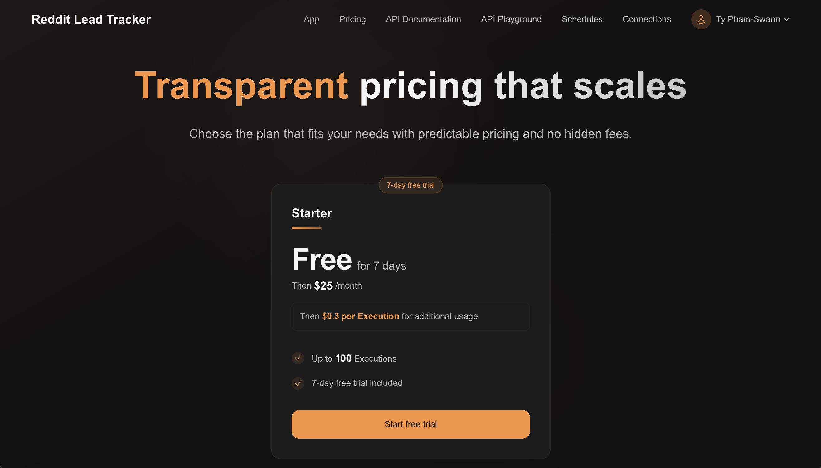 The Pricing page showing a Starter plan with a 7-day free trial and subscription details