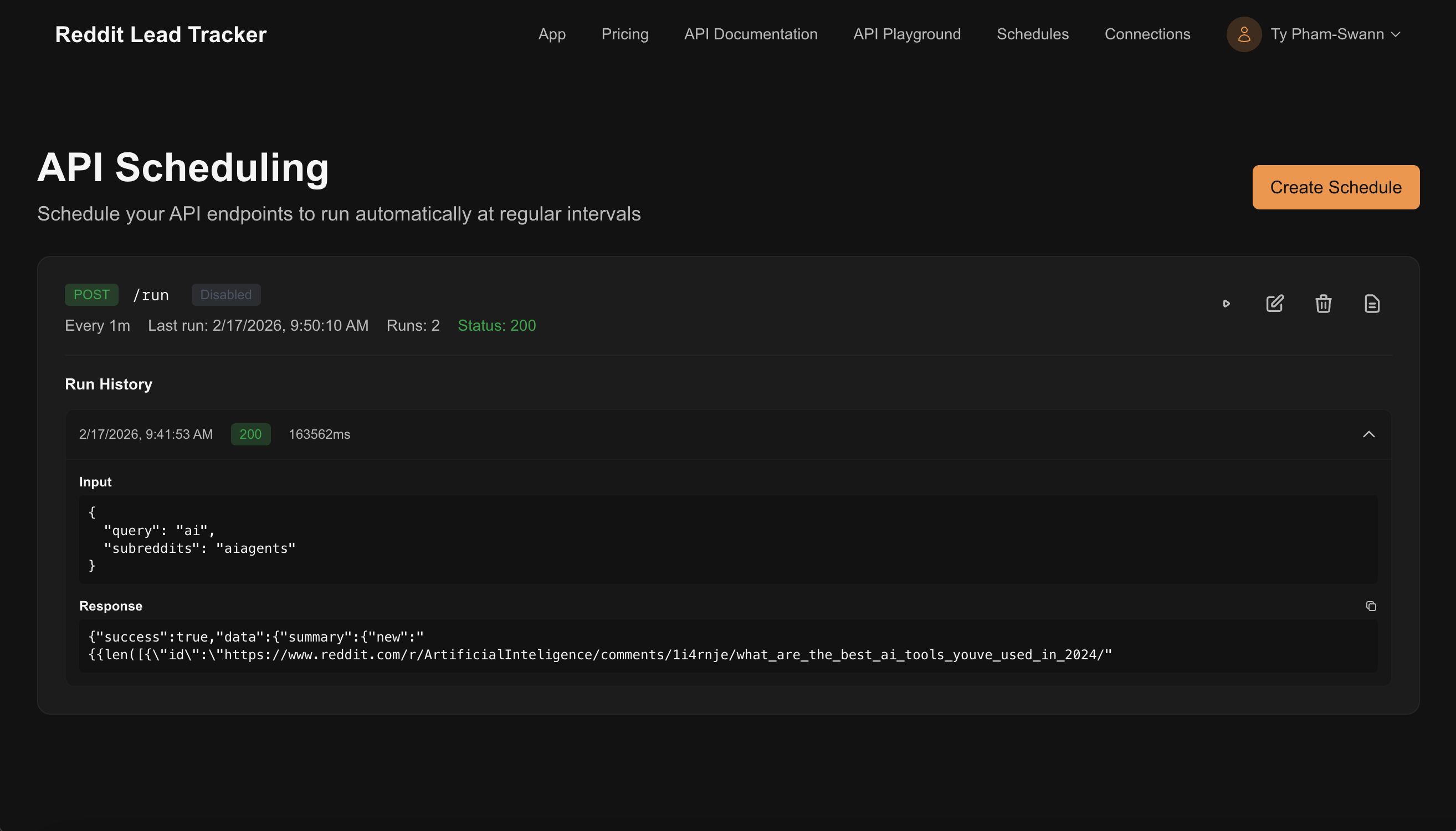The Scheduling page showing a configured POST /run schedule with run history and response logs