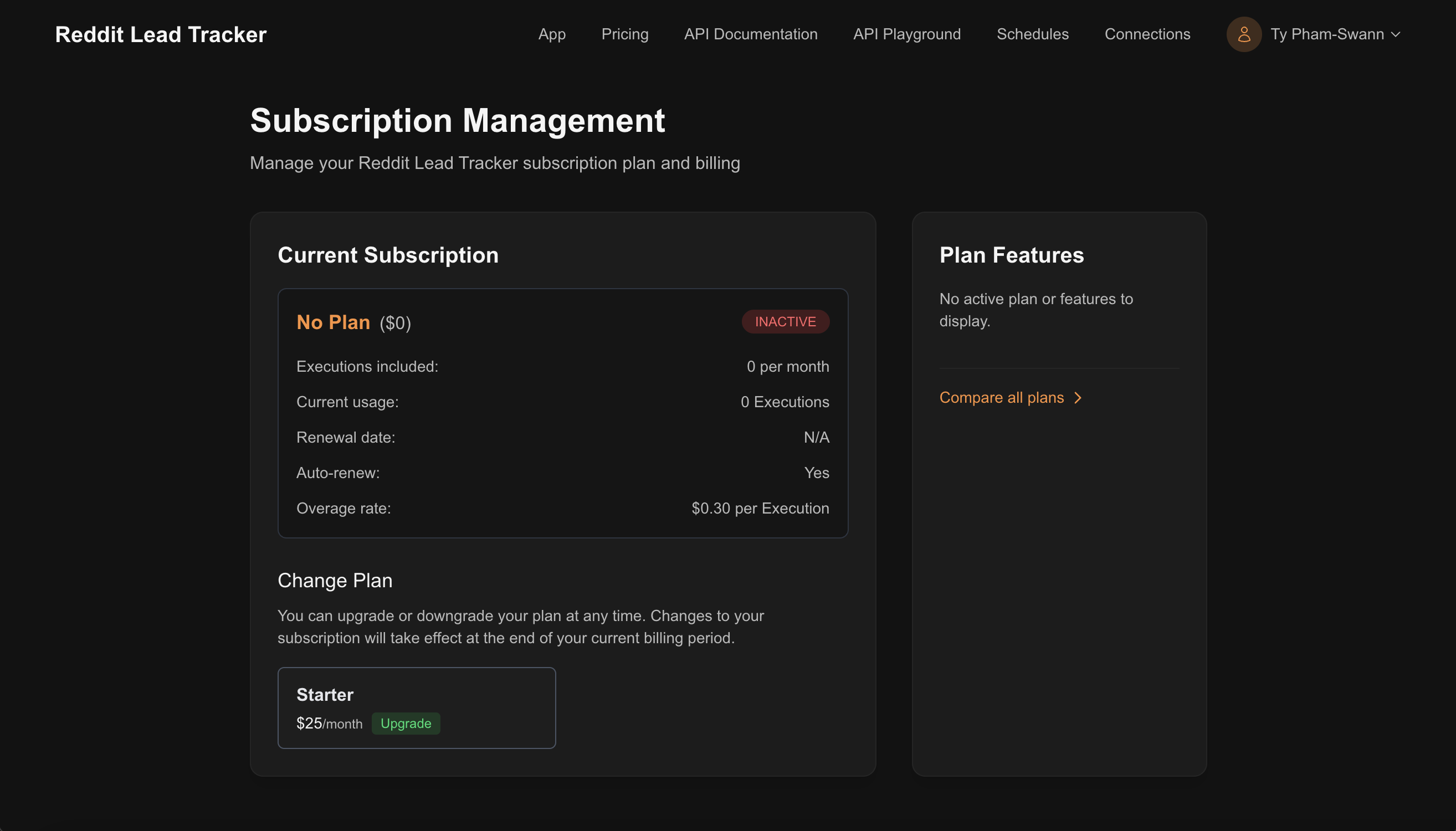 The Subscription Management page showing current plan status, usage, and upgrade options