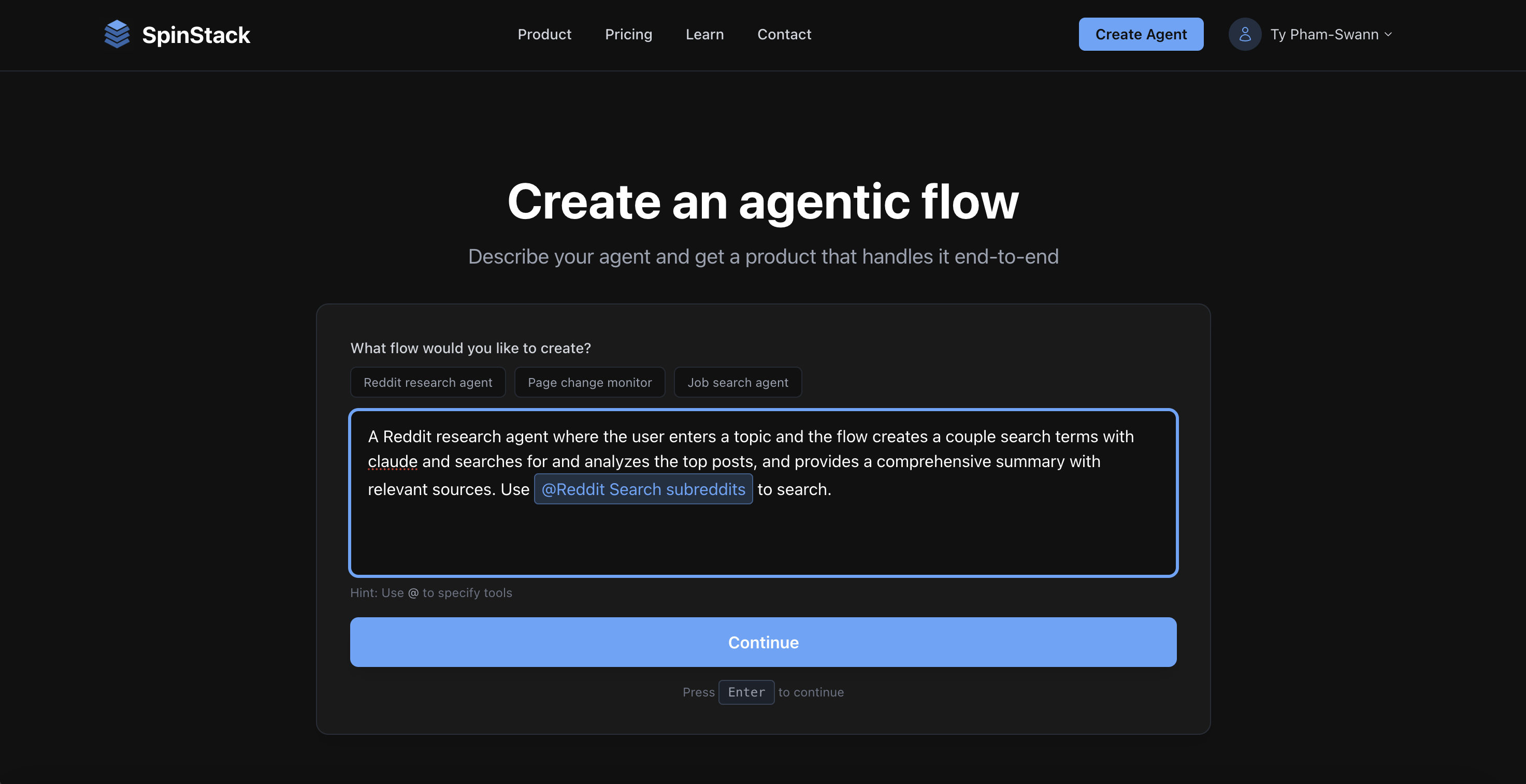 The initial Agent Studio screen with the agent description textarea and example prompt chips