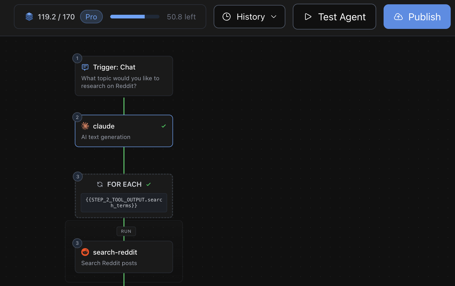 Close-up of the Agent Studio canvas with the Publish button visible in the top-right header